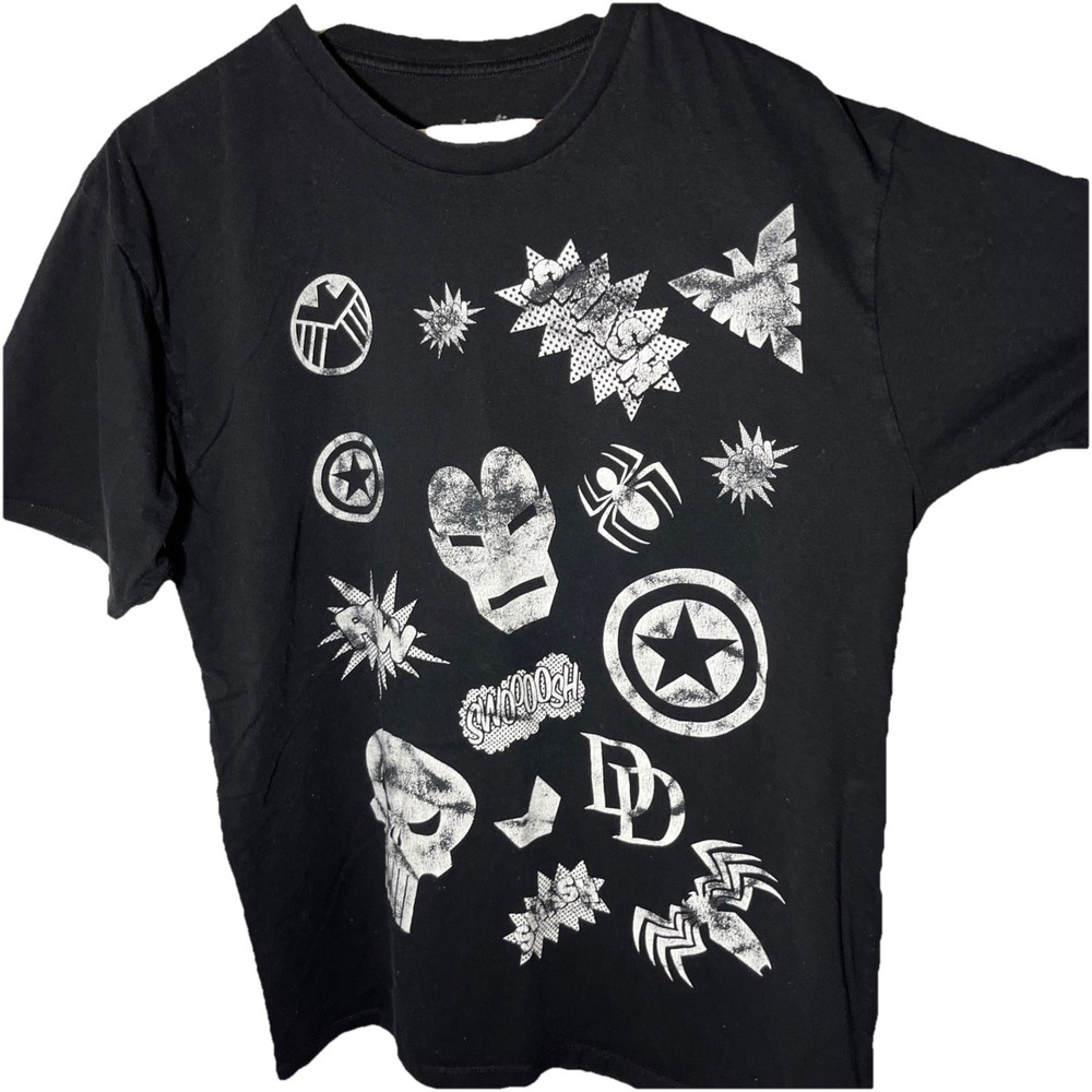 Marvel WeLoveFine Mens XL Black Graphic T-Shirt Superhero Symbols Collage Tee